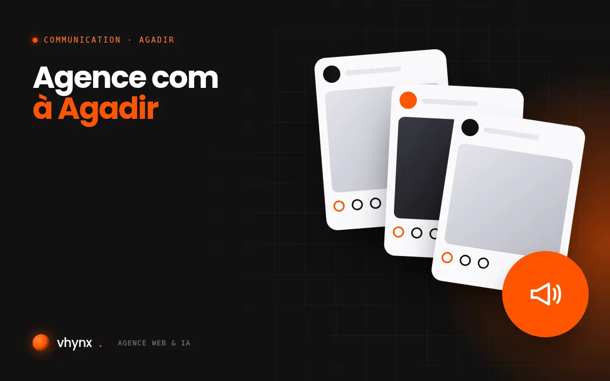 Agence com à Agadir : illustration Vhynx de publications pour les réseaux sociaux et d'un mégaphone
