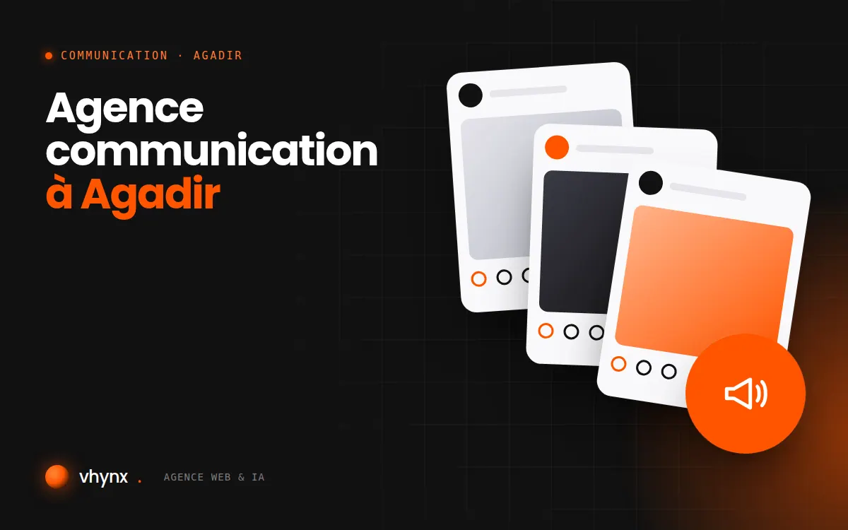 Agence communication à Agadir : illustration Vhynx de publications pour les réseaux sociaux et d'un mégaphone