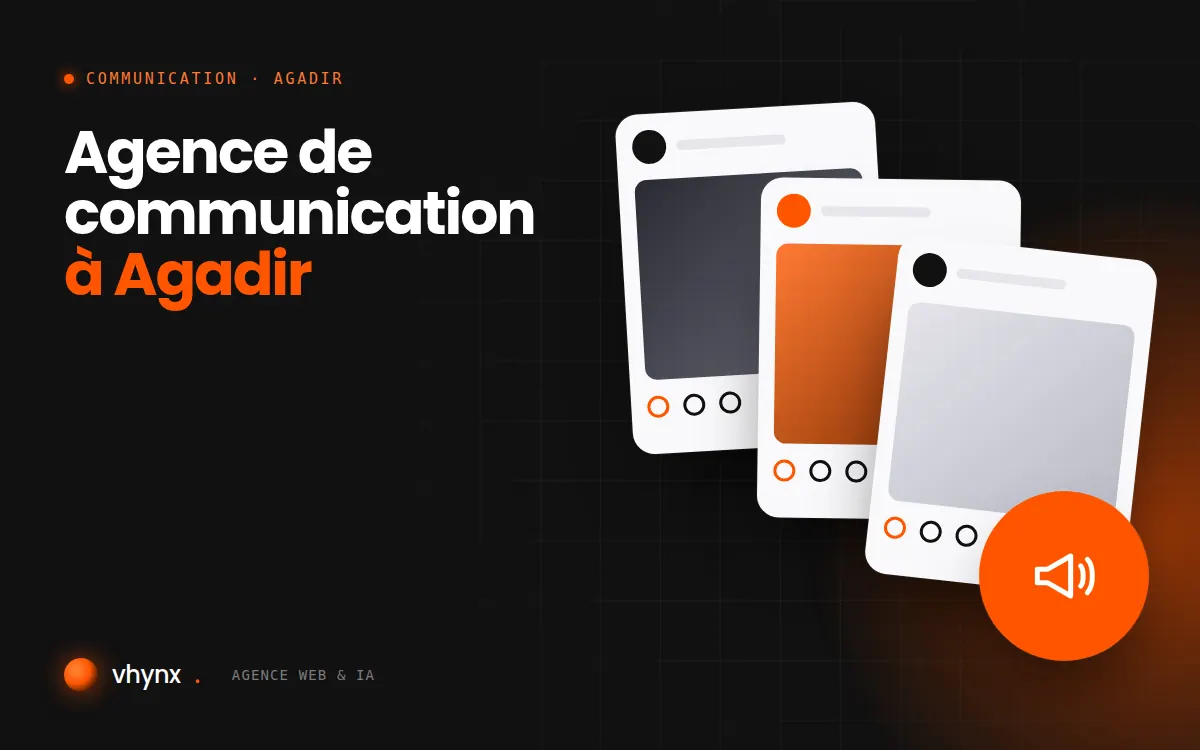 Agence de communication à Agadir : illustration Vhynx de publications pour les réseaux sociaux et d'un mégaphone