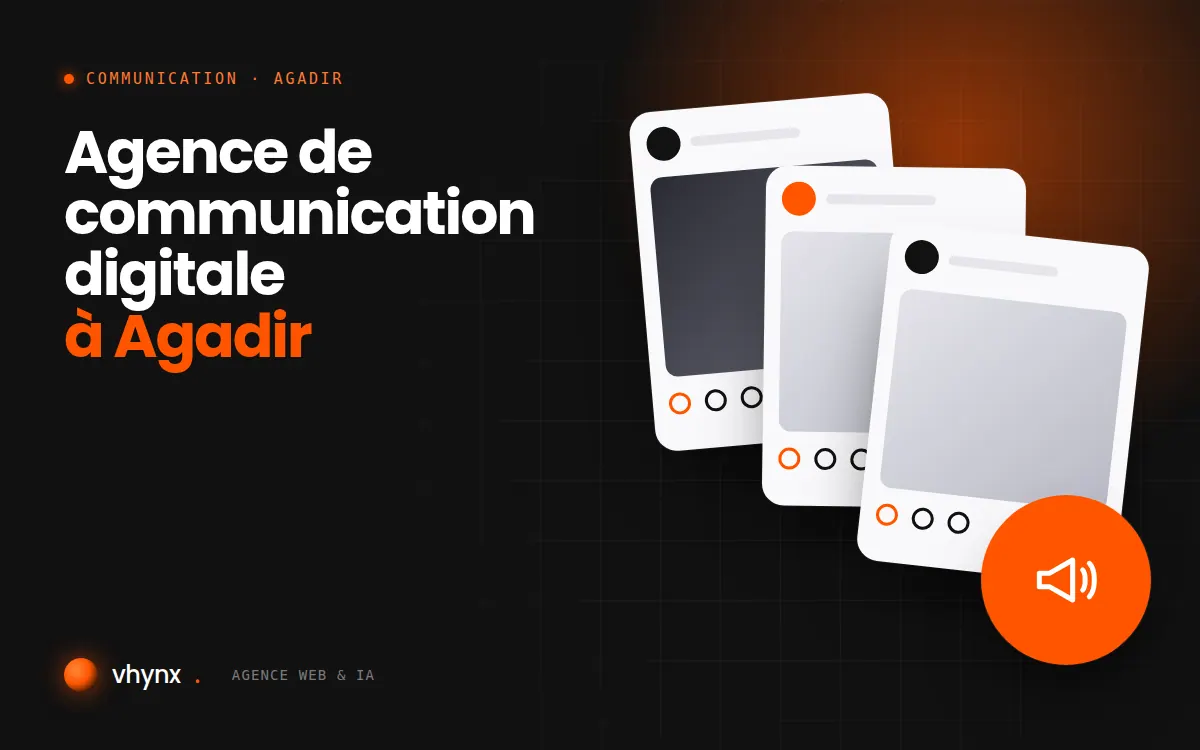 Agence de communication digitale à Agadir : illustration Vhynx de publications pour les réseaux sociaux et d'un mégaphone