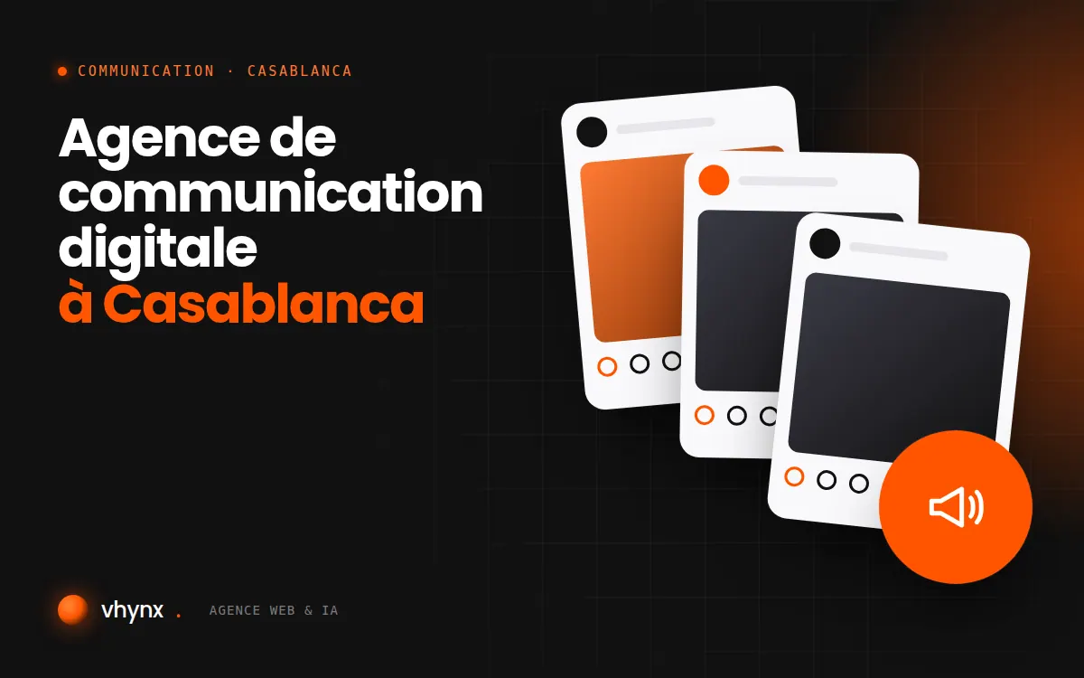 Agence de communication digitale à Casablanca : illustration Vhynx de publications pour les réseaux sociaux et d'un mégaphone