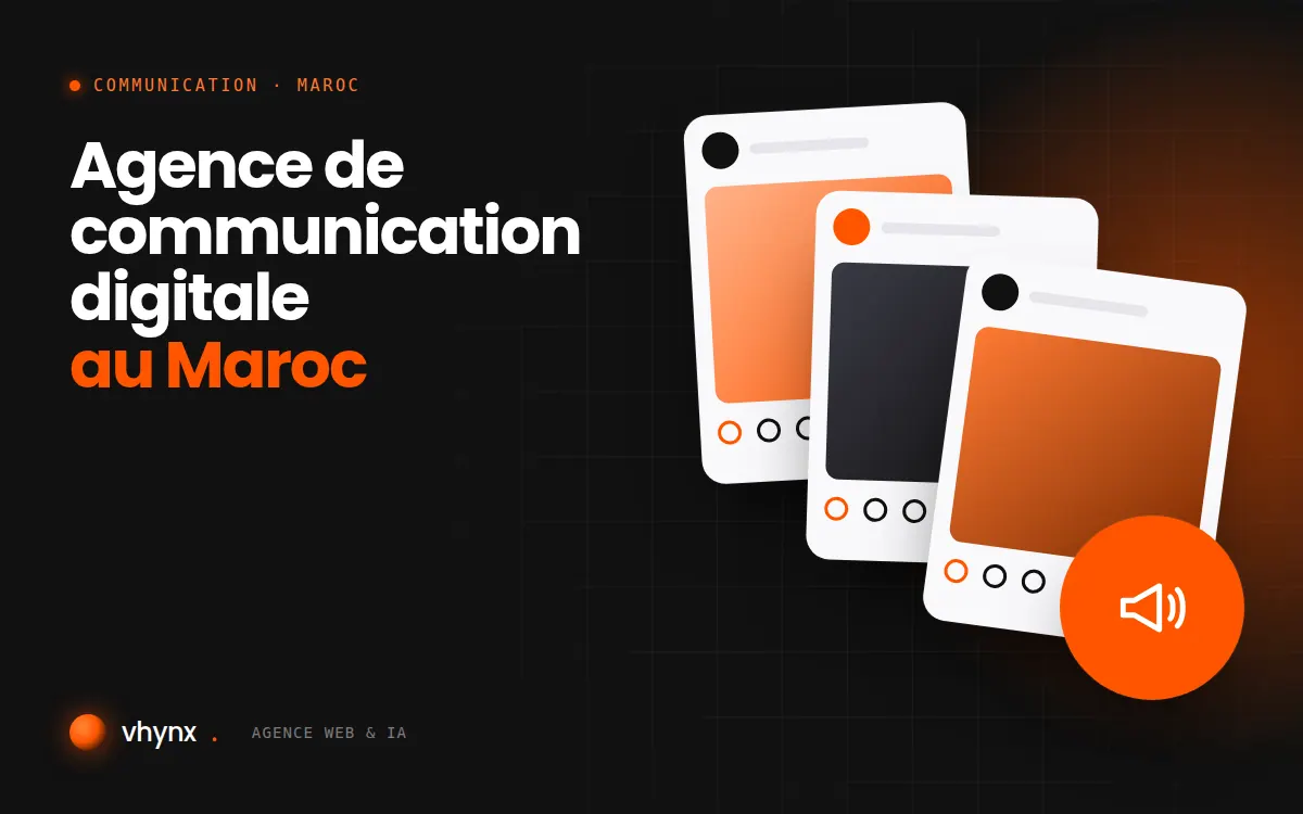 Agence de communication digitale au Maroc : illustration Vhynx de publications pour les réseaux sociaux et d'un mégaphone