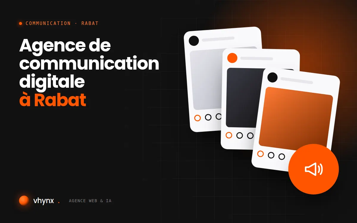 Agence de communication digitale à Rabat : illustration Vhynx de publications pour les réseaux sociaux et d'un mégaphone