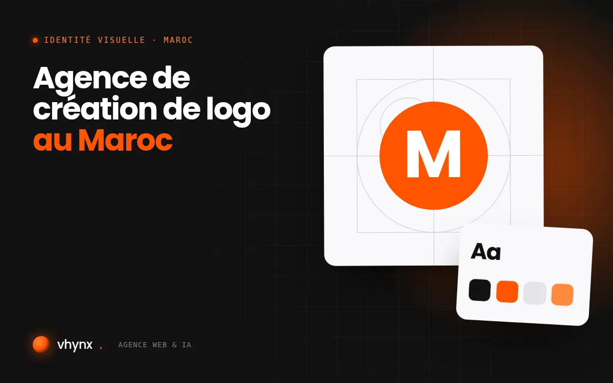 Agence de création de logo au Maroc : illustration Vhynx de la construction d'un logo, avec typographie et palette de couleurs