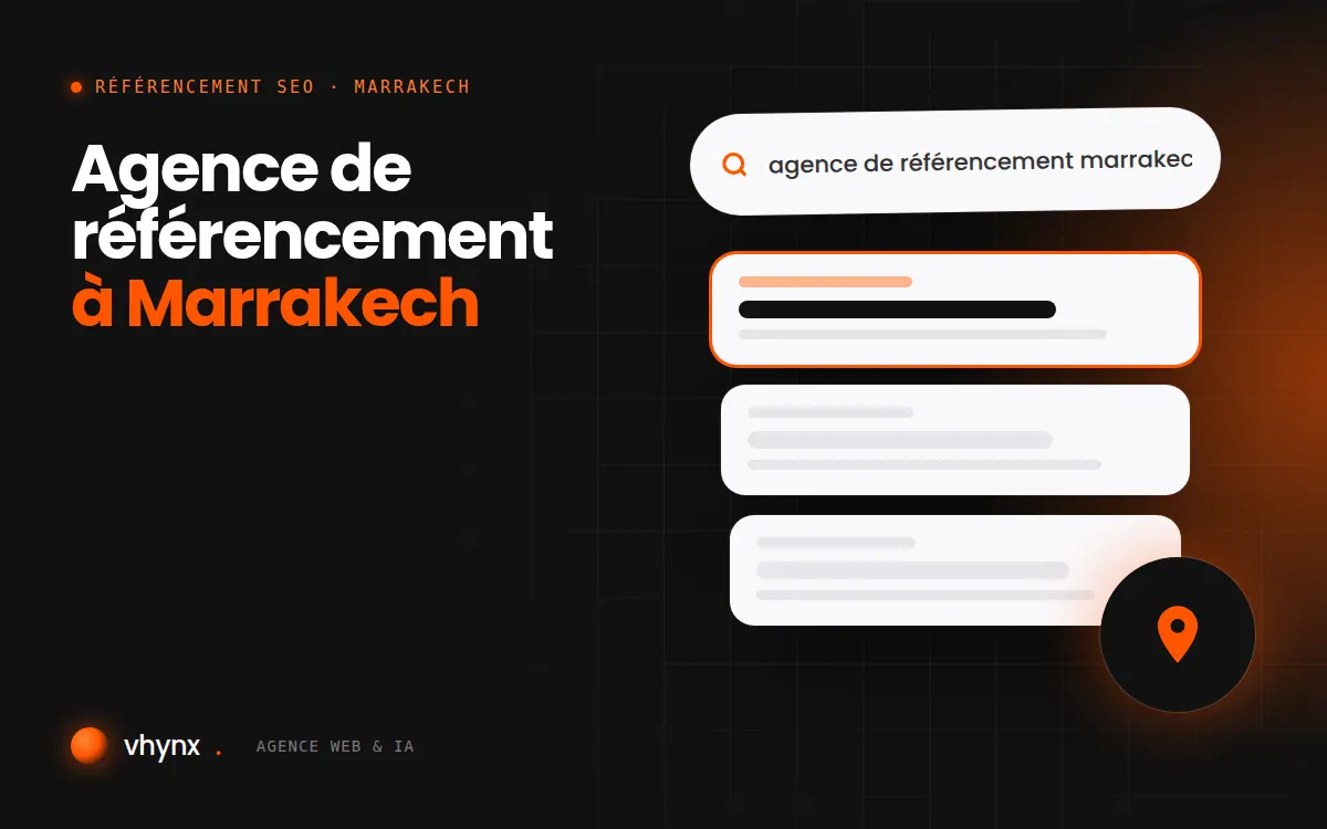 Agence de référencement à Marrakech : illustration Vhynx d'une recherche Google, des résultats et d'un repère de carte locale