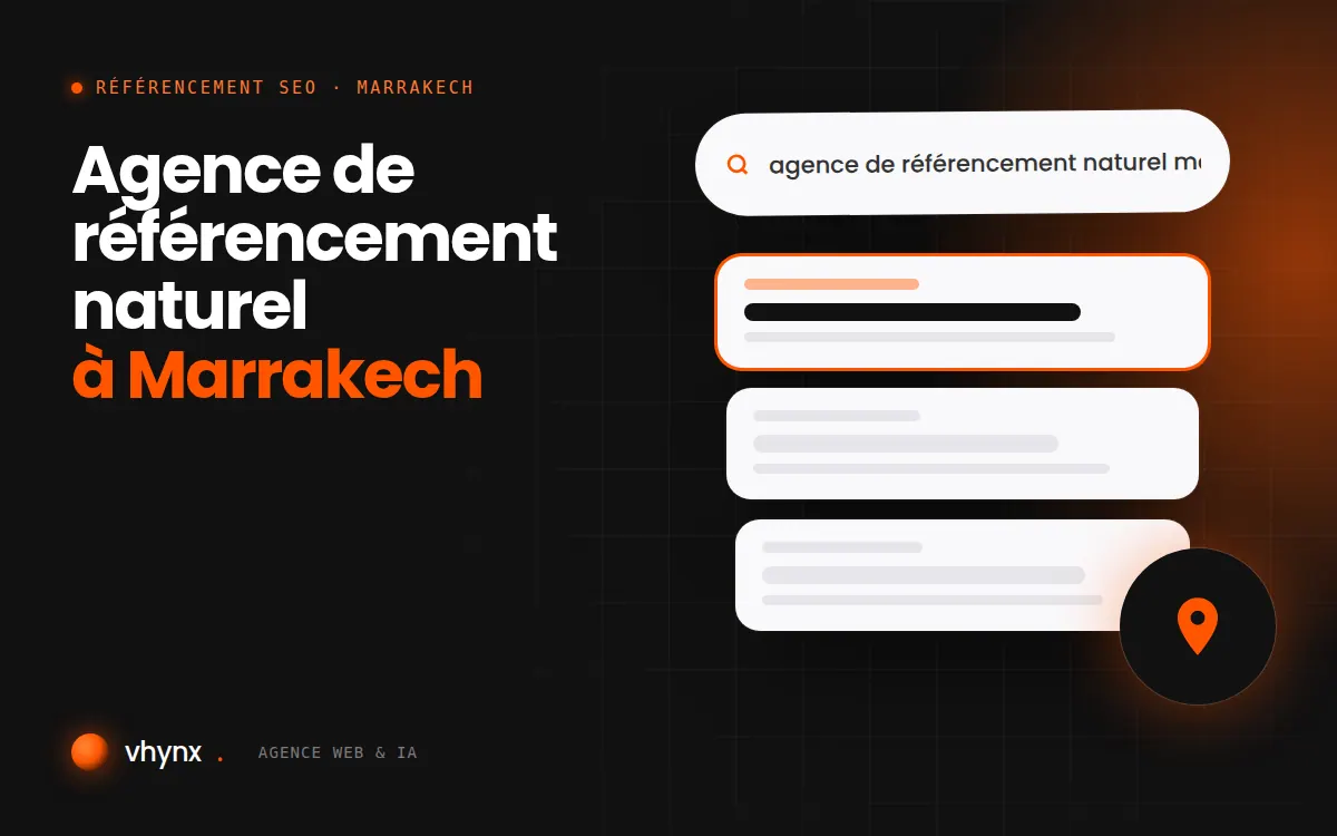 Agence de référencement naturel à Marrakech : illustration Vhynx d'une recherche Google, des résultats et d'un repère de carte locale