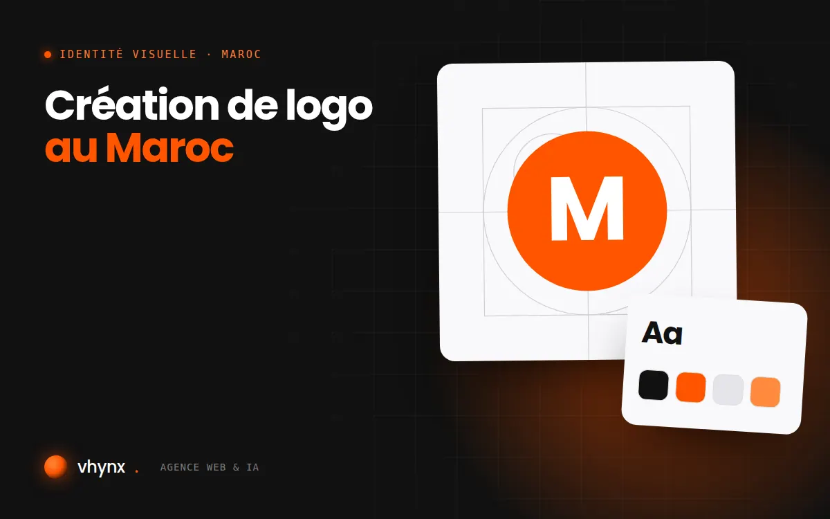 Création de logo au Maroc : illustration Vhynx de la construction d'un logo, avec typographie et palette de couleurs