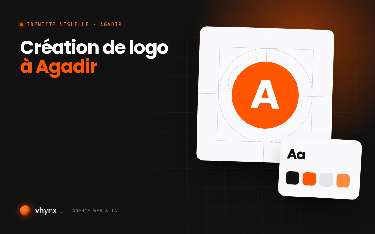 Création de logo à Agadir : illustration Vhynx de la construction d'un logo, avec typographie et palette de couleurs