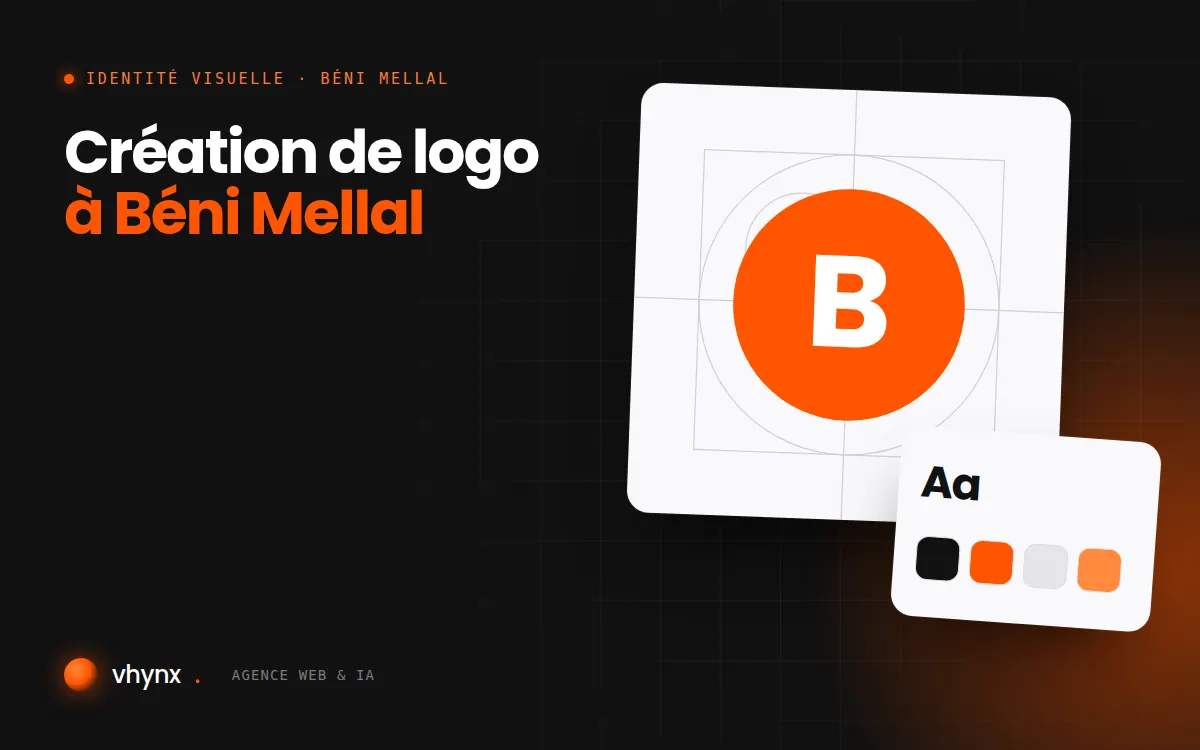 Création de logo à Béni Mellal : illustration Vhynx de la construction d'un logo, avec typographie et palette de couleurs