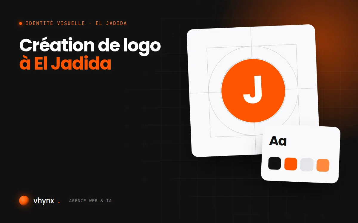 Création de logo à El Jadida : illustration Vhynx de la construction d'un logo, avec typographie et palette de couleurs