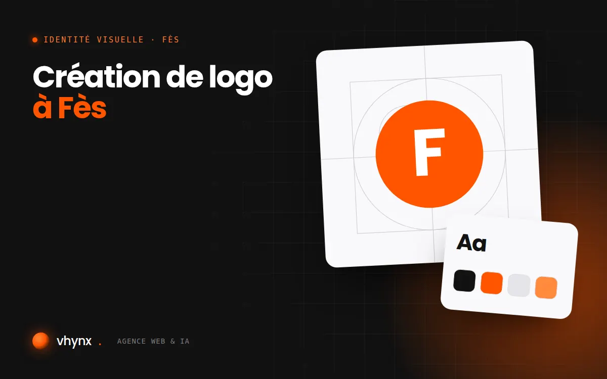 Création de logo à Fès : illustration Vhynx de la construction d'un logo, avec typographie et palette de couleurs