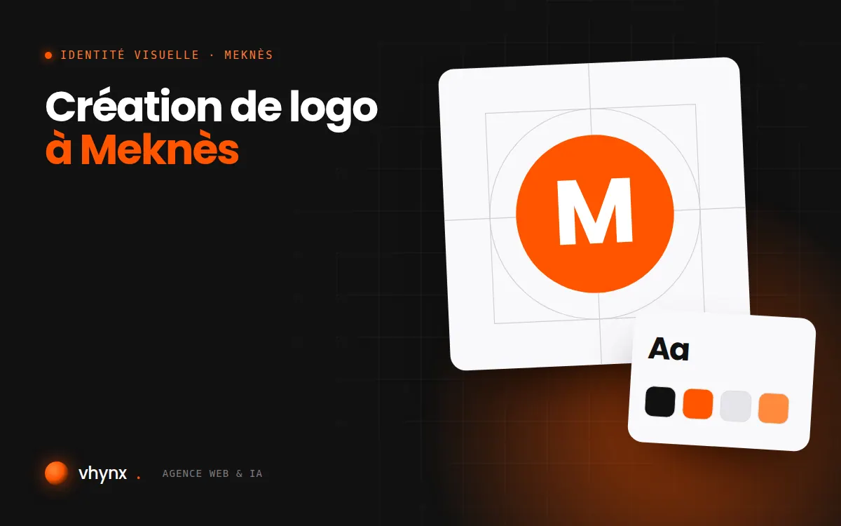 Création de logo à Meknès : illustration Vhynx de la construction d'un logo, avec typographie et palette de couleurs