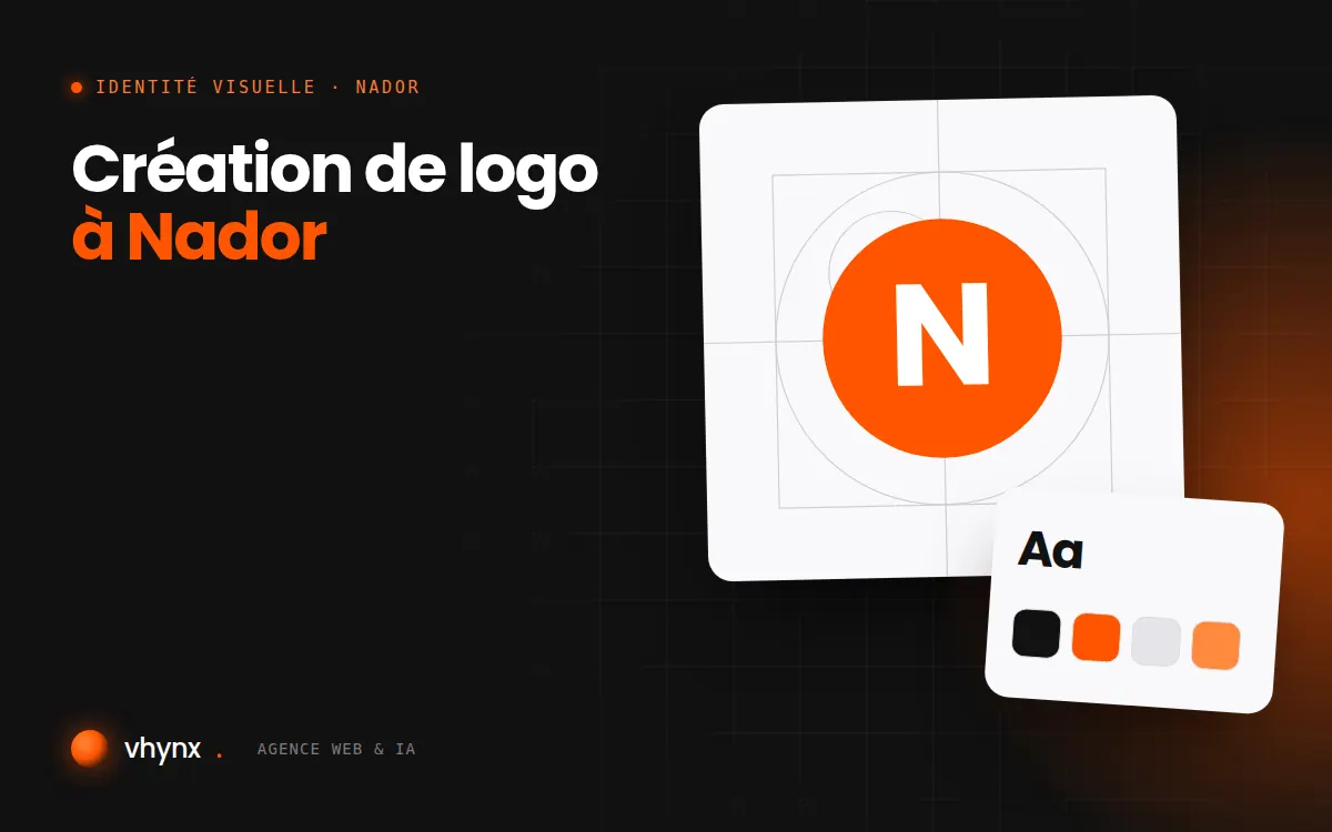 Création de logo à Nador : illustration Vhynx de la construction d'un logo, avec typographie et palette de couleurs