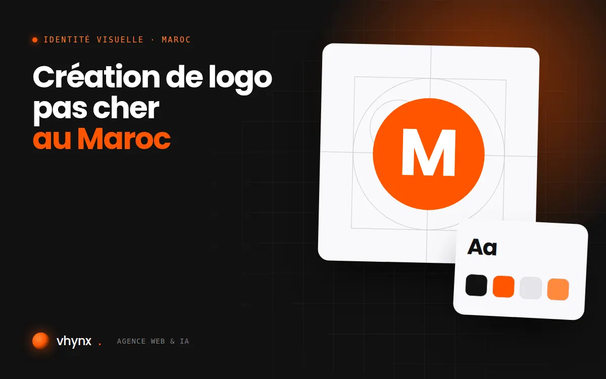 Création de logo pas cher au Maroc : illustration Vhynx de la construction d'un logo, avec typographie et palette de couleurs