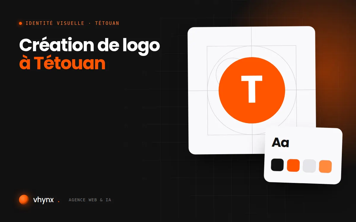 Création de logo à Tétouan : illustration Vhynx de la construction d'un logo, avec typographie et palette de couleurs