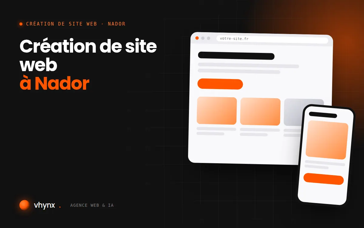 Création de site web à Nador : illustration Vhynx d'une maquette de site web sur ordinateur et sur mobile