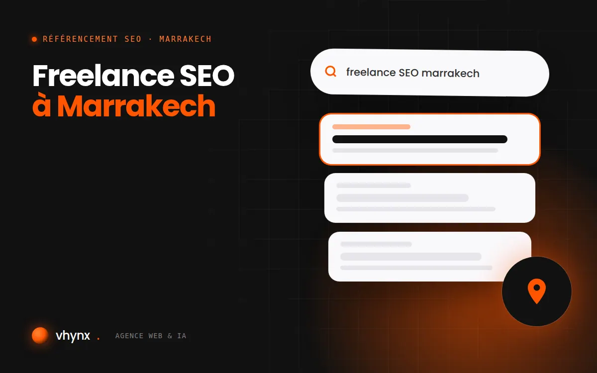 Freelance SEO à Marrakech : illustration Vhynx d'une recherche Google, des résultats et d'un repère de carte locale