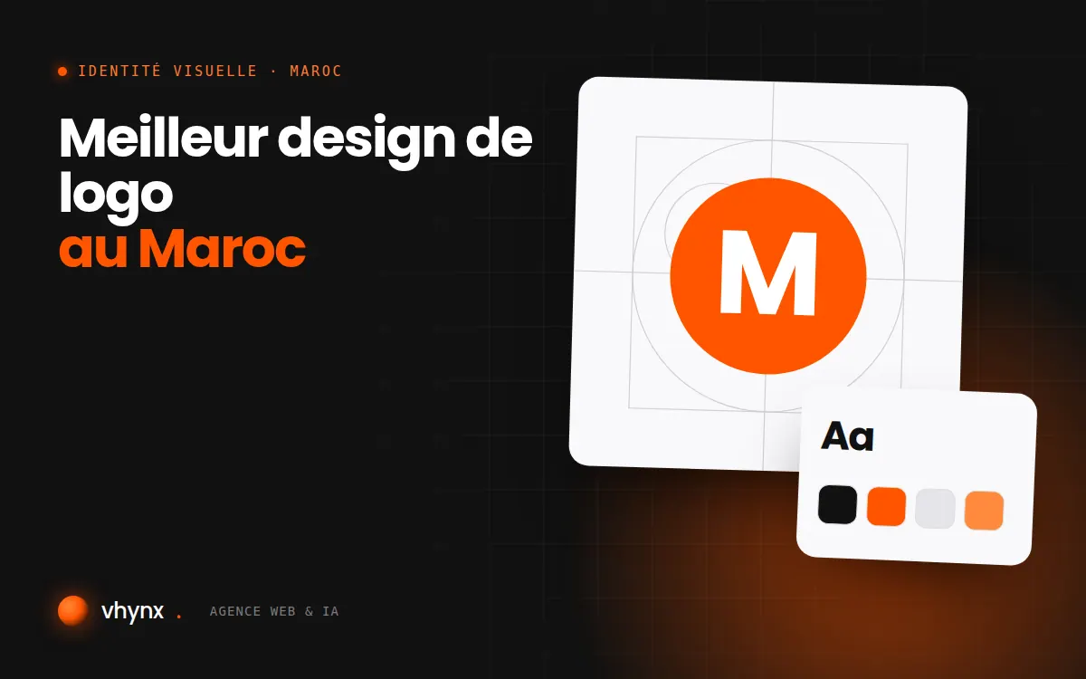 Meilleur design de logo au Maroc : illustration Vhynx de la construction d'un logo, avec typographie et palette de couleurs