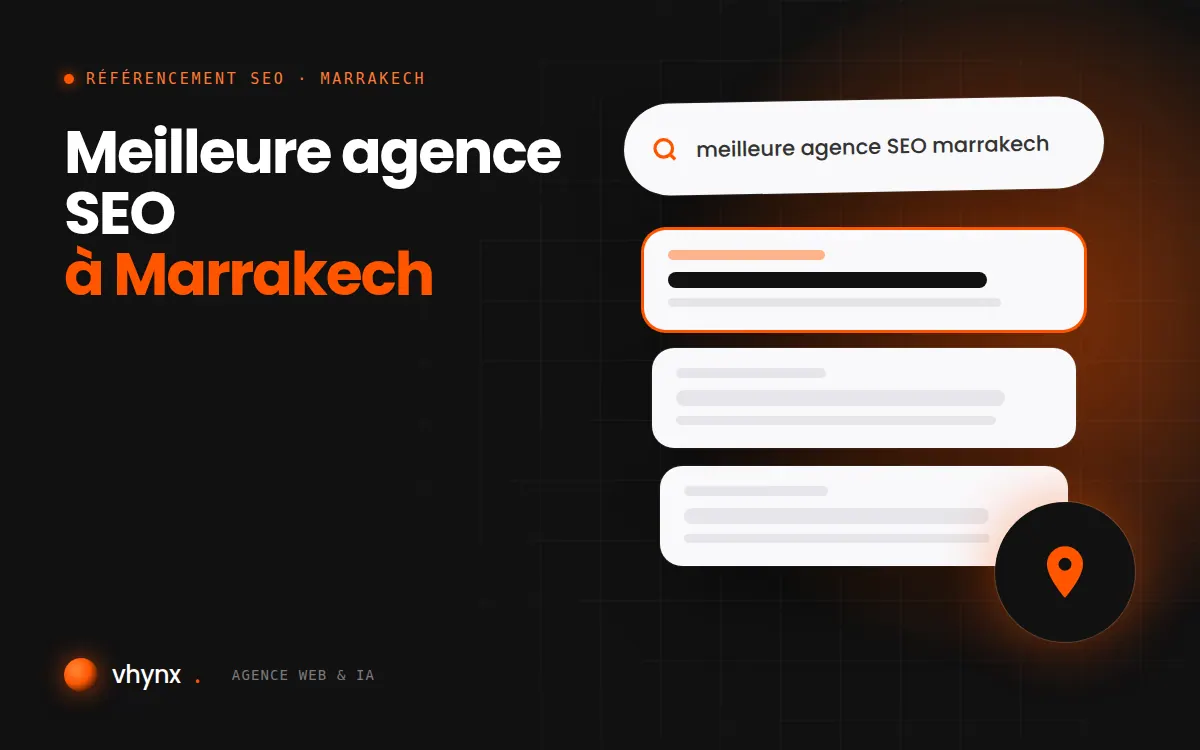 Meilleure agence SEO à Marrakech : illustration Vhynx d'une recherche Google, des résultats et d'un repère de carte locale