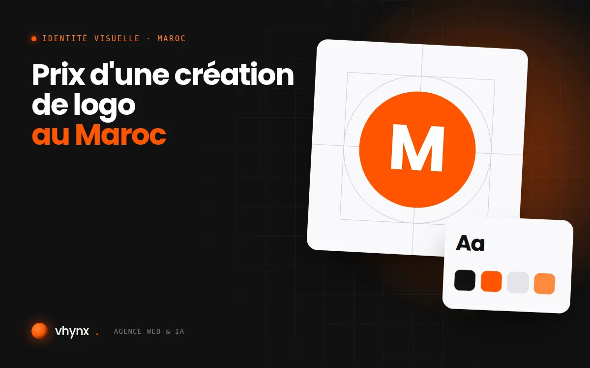Prix d'une création de logo au Maroc : illustration Vhynx de la construction d'un logo, avec typographie et palette de couleurs