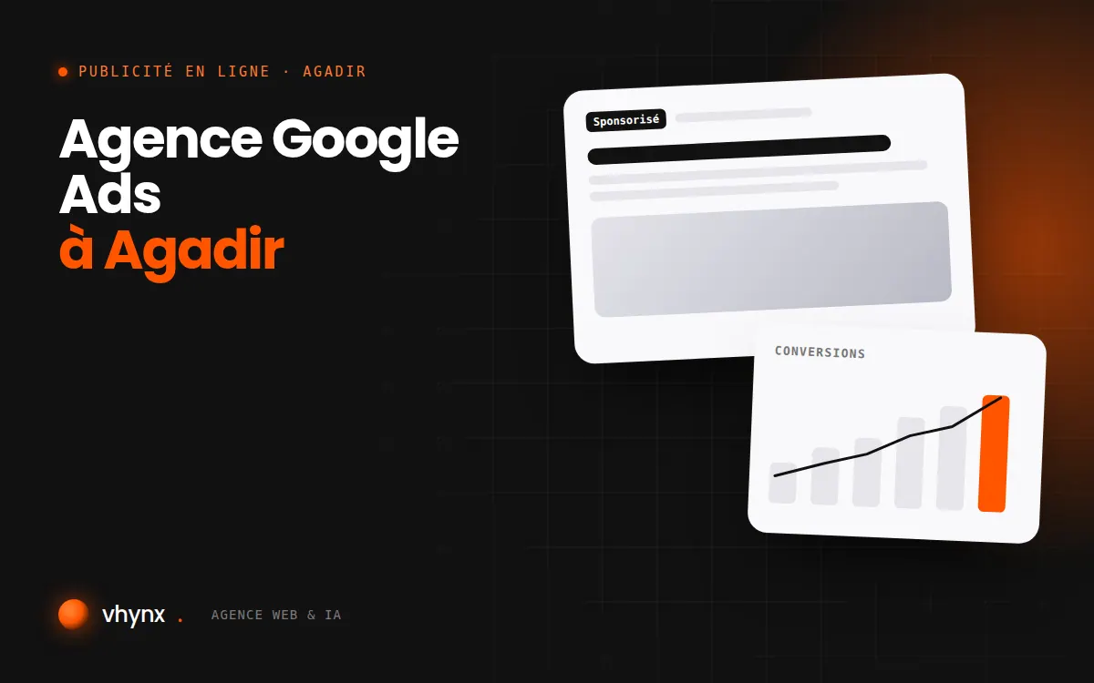 Agence Google Ads à Agadir : illustration Vhynx d'une annonce sponsorisée et d'un graphique de conversions