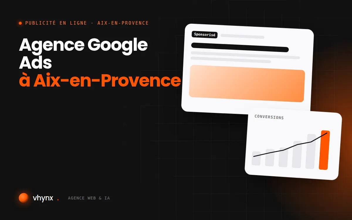 Agence Google Ads à Aix-en-Provence : illustration Vhynx d'une annonce sponsorisée et d'un graphique de conversions