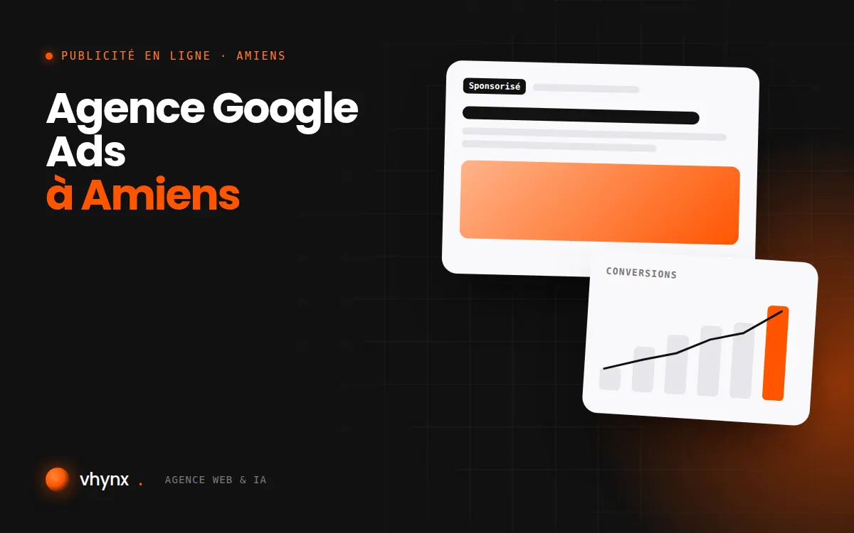 Agence Google Ads à Amiens : illustration Vhynx d'une annonce sponsorisée et d'un graphique de conversions