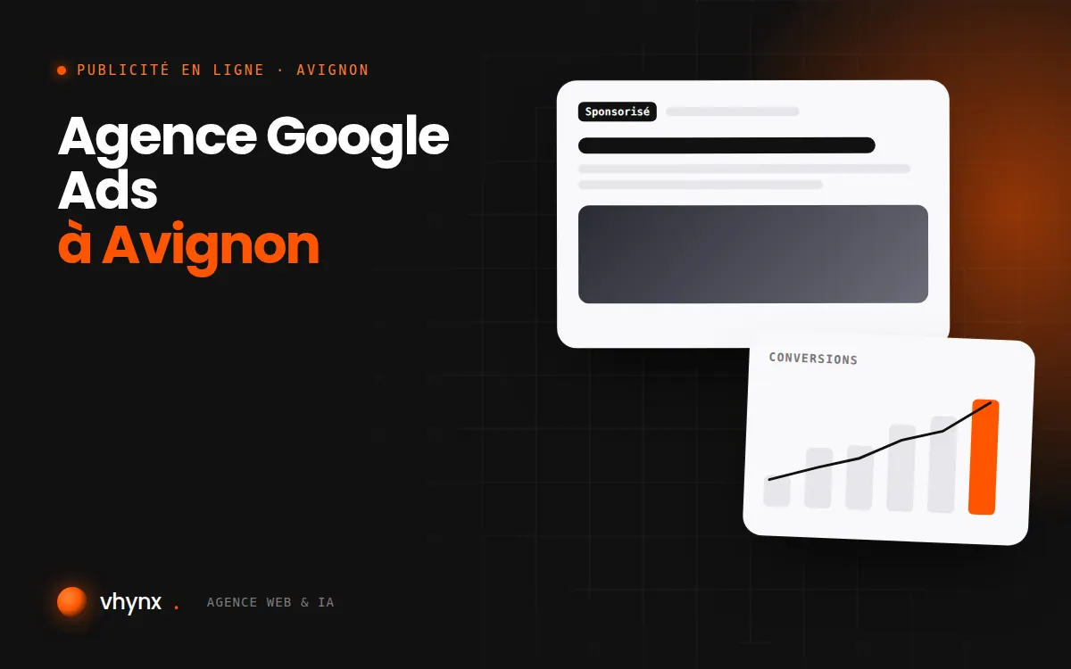 Agence Google Ads à Avignon : illustration Vhynx d'une annonce sponsorisée et d'un graphique de conversions