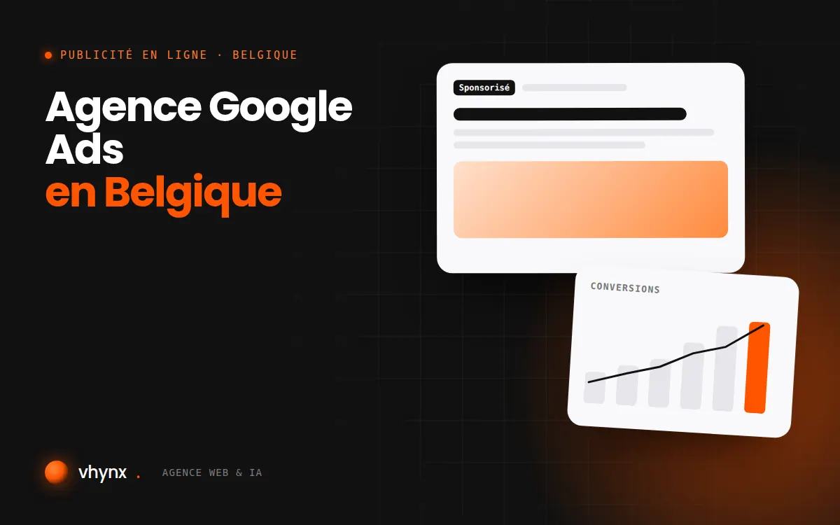Agence Google Ads en Belgique : illustration Vhynx d'une annonce sponsorisée et d'un graphique de conversions