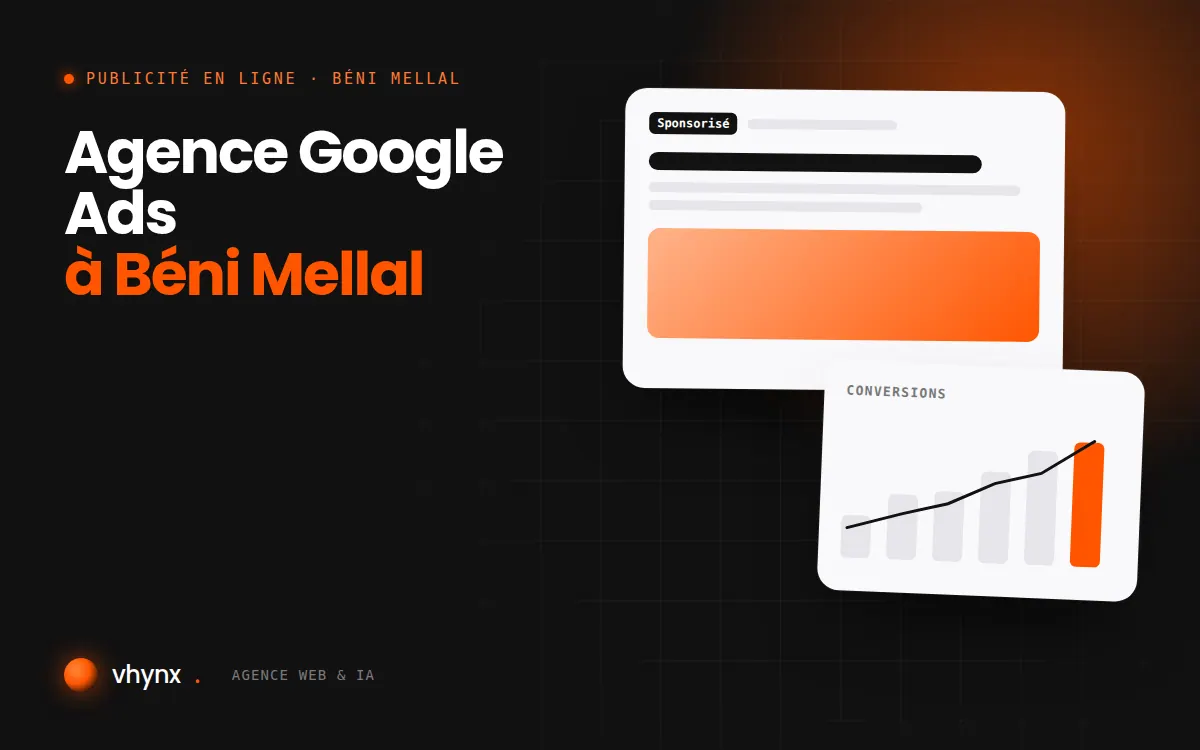 Agence Google Ads à Béni Mellal : illustration Vhynx d'une annonce sponsorisée et d'un graphique de conversions