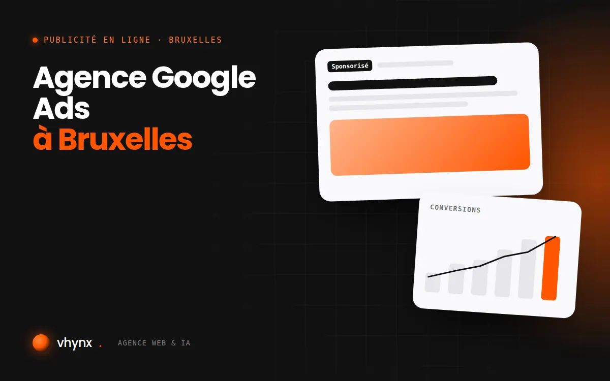 Agence Google Ads à Bruxelles : illustration Vhynx d'une annonce sponsorisée et d'un graphique de conversions