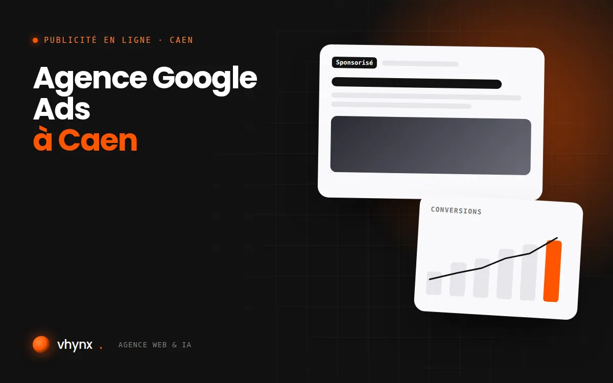Agence Google Ads à Caen : illustration Vhynx d'une annonce sponsorisée et d'un graphique de conversions