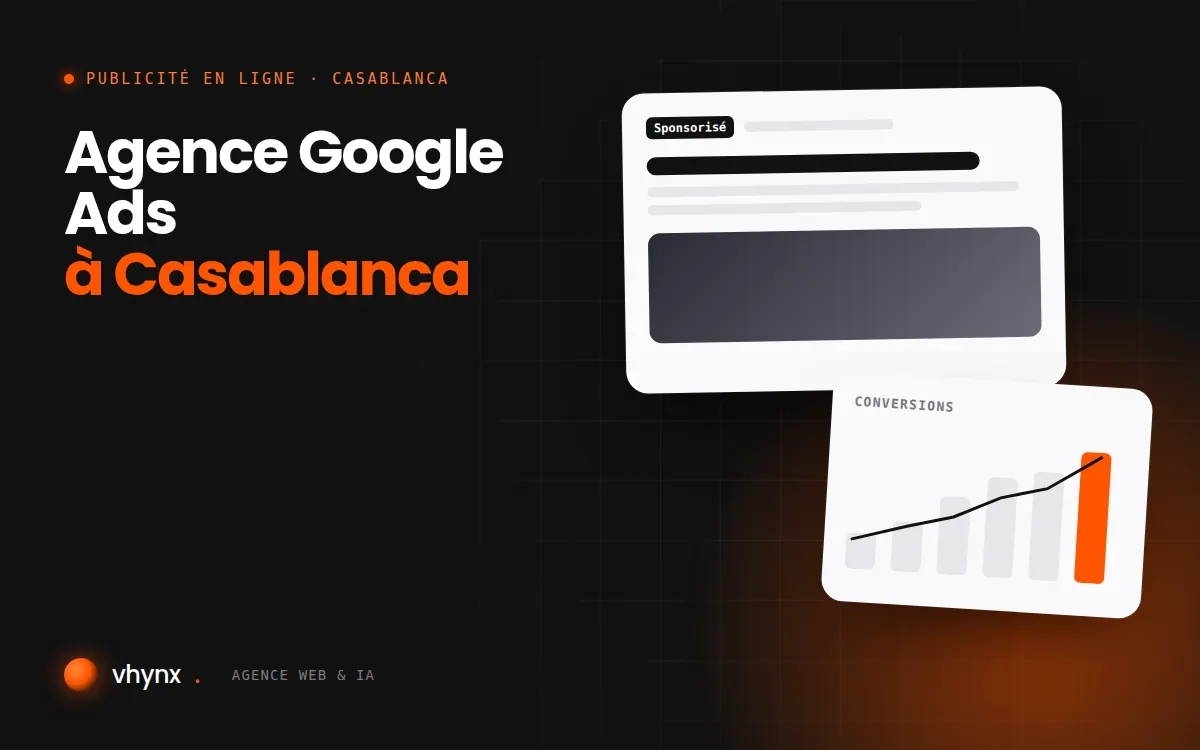 Agence Google Ads à Casablanca : illustration Vhynx d'une annonce sponsorisée et d'un graphique de conversions