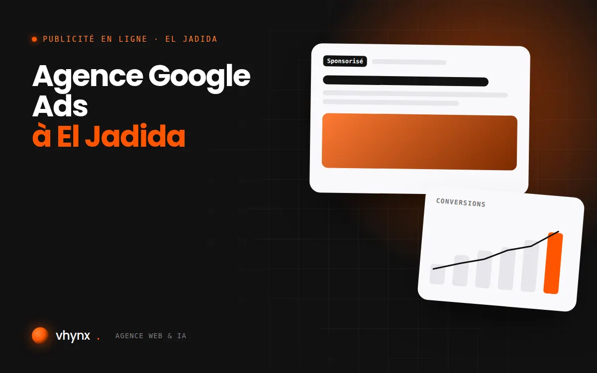 Agence Google Ads à El Jadida : illustration Vhynx d'une annonce sponsorisée et d'un graphique de conversions