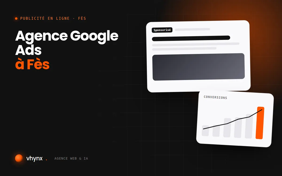 Agence Google Ads à Fès : illustration Vhynx d'une annonce sponsorisée et d'un graphique de conversions