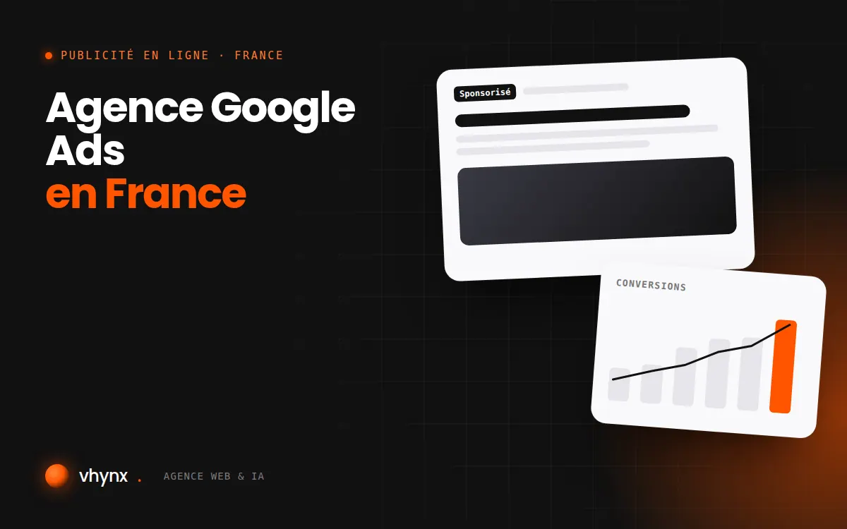 Agence Google Ads en France : illustration Vhynx d'une annonce sponsorisée et d'un graphique de conversions
