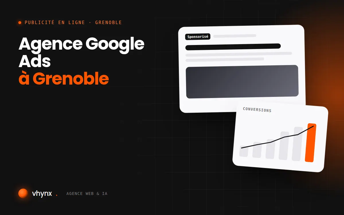 Agence Google Ads à Grenoble : illustration Vhynx d'une annonce sponsorisée et d'un graphique de conversions