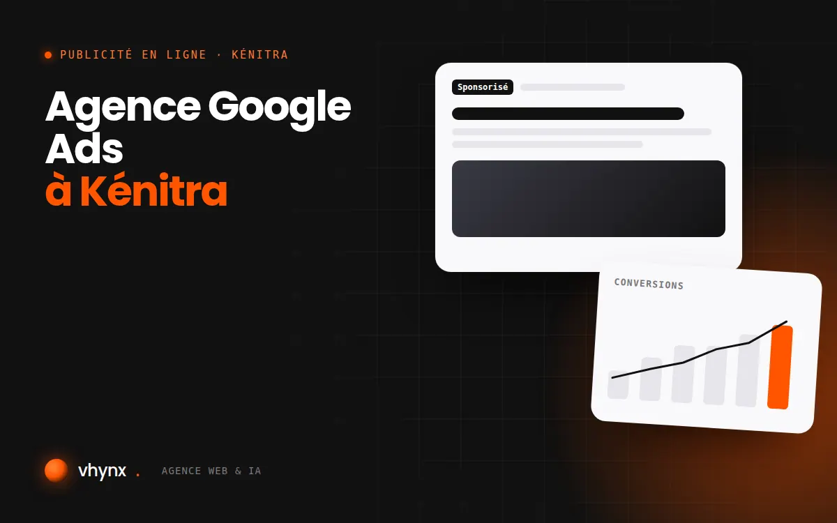 Agence Google Ads à Kénitra : illustration Vhynx d'une annonce sponsorisée et d'un graphique de conversions