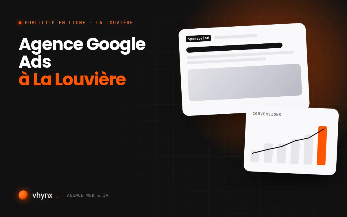 Agence Google Ads à La Louvière : illustration Vhynx d'une annonce sponsorisée et d'un graphique de conversions