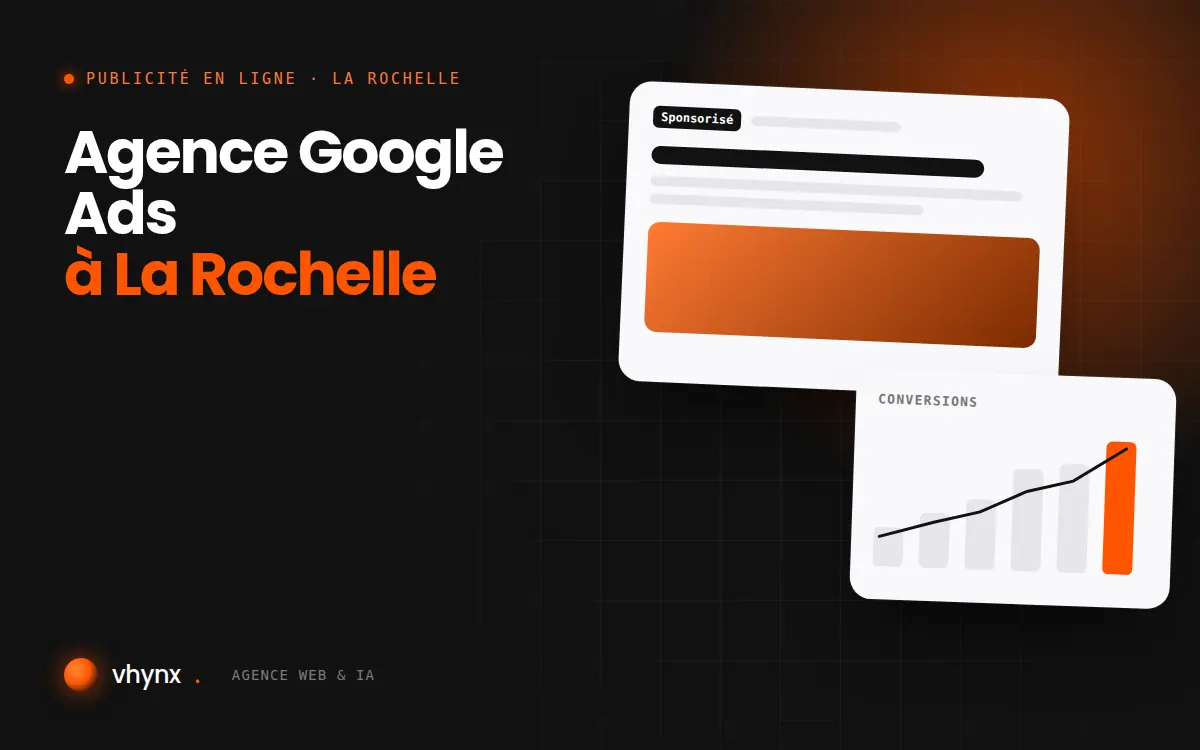Agence Google Ads à La Rochelle : illustration Vhynx d'une annonce sponsorisée et d'un graphique de conversions