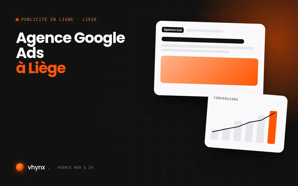 Agence Google Ads à Liège : illustration Vhynx d'une annonce sponsorisée et d'un graphique de conversions