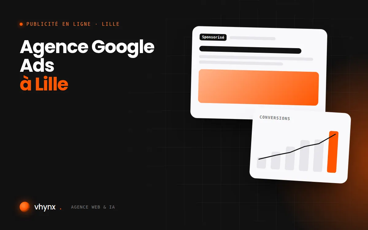 Agence Google Ads à Lille : illustration Vhynx d'une annonce sponsorisée et d'un graphique de conversions