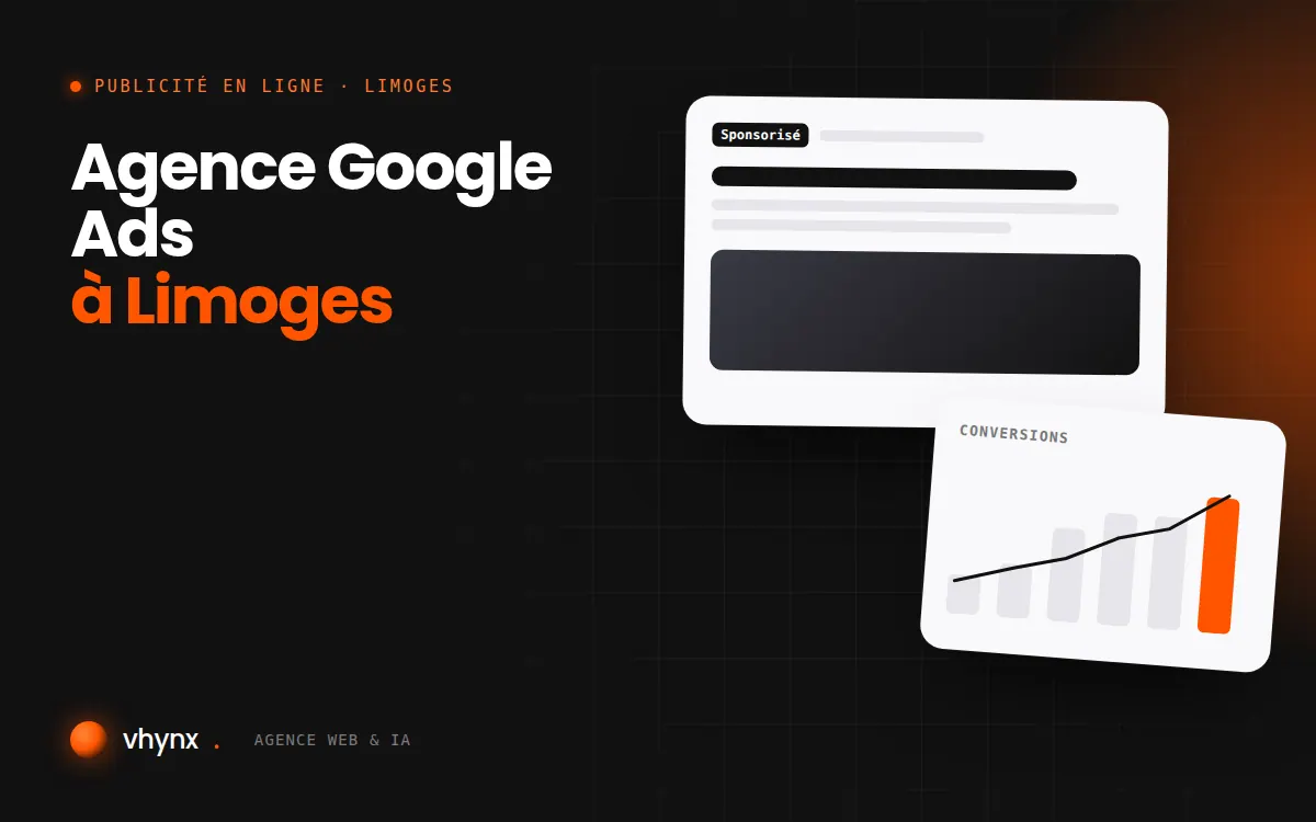 Agence Google Ads à Limoges : illustration Vhynx d'une annonce sponsorisée et d'un graphique de conversions