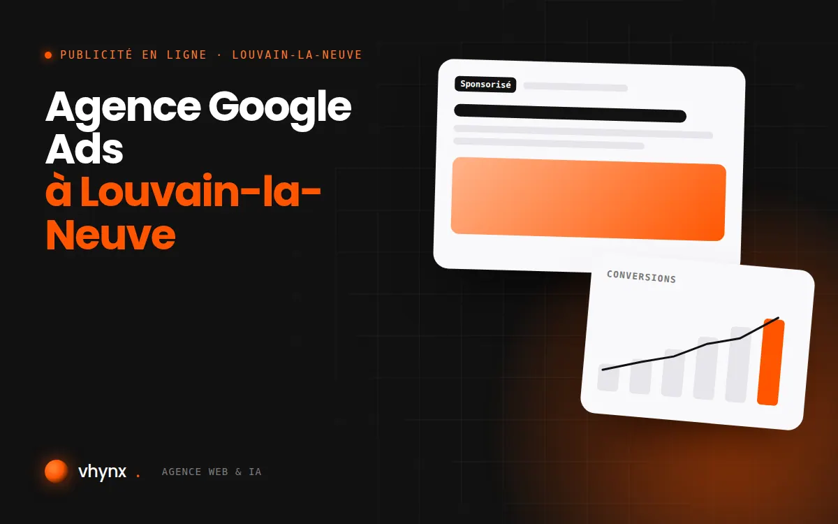 Agence Google Ads à Louvain-la-Neuve : illustration Vhynx d'une annonce sponsorisée et d'un graphique de conversions