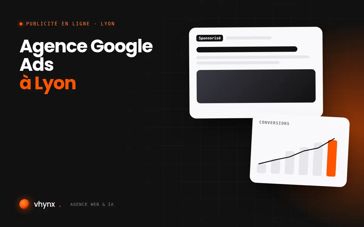 Agence Google Ads à Lyon : illustration Vhynx d'une annonce sponsorisée et d'un graphique de conversions