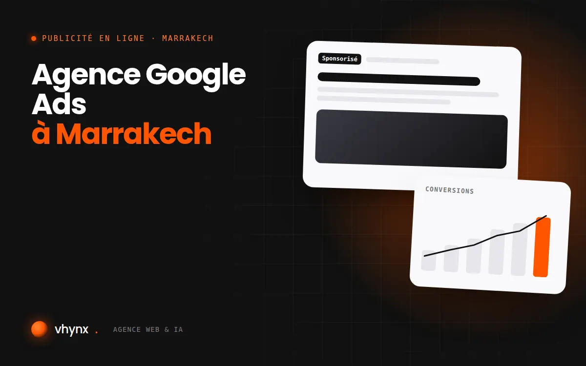 Agence Google Ads à Marrakech : illustration Vhynx d'une annonce sponsorisée et d'un graphique de conversions