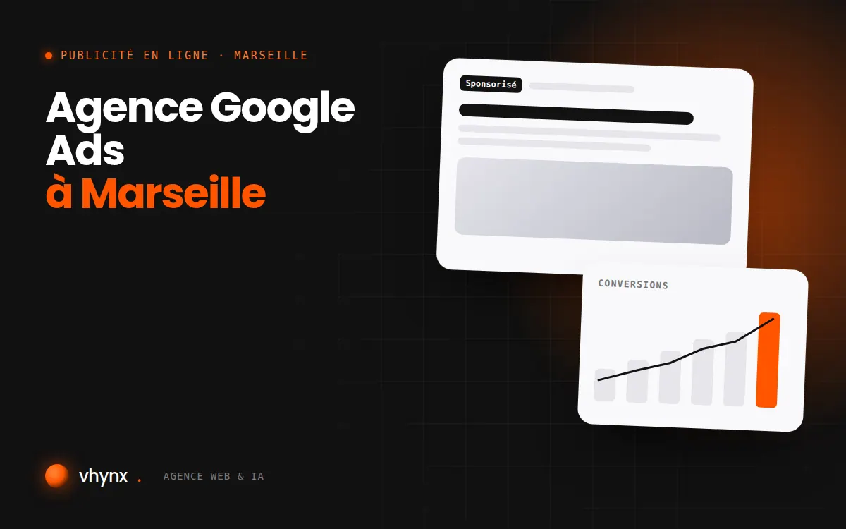 Agence Google Ads à Marseille : illustration Vhynx d'une annonce sponsorisée et d'un graphique de conversions