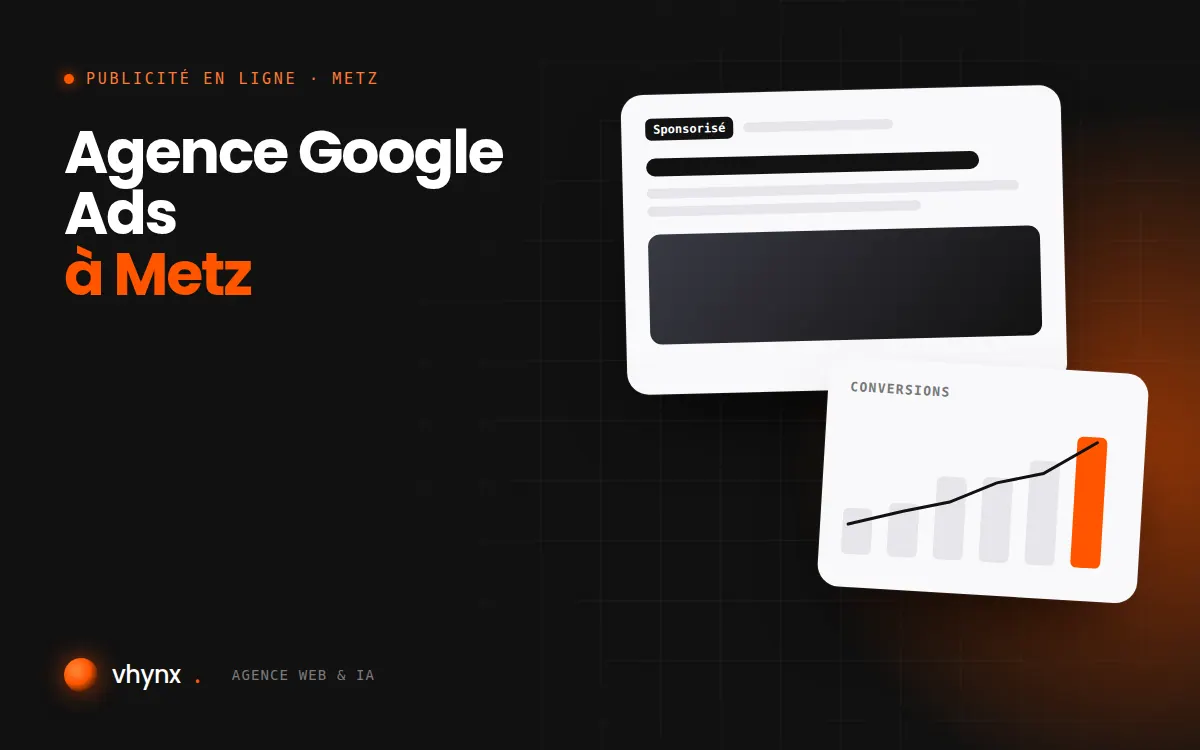 Agence Google Ads à Metz : illustration Vhynx d'une annonce sponsorisée et d'un graphique de conversions
