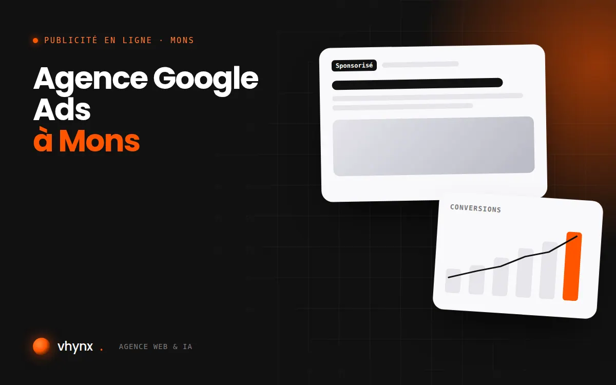 Agence Google Ads à Mons : illustration Vhynx d'une annonce sponsorisée et d'un graphique de conversions