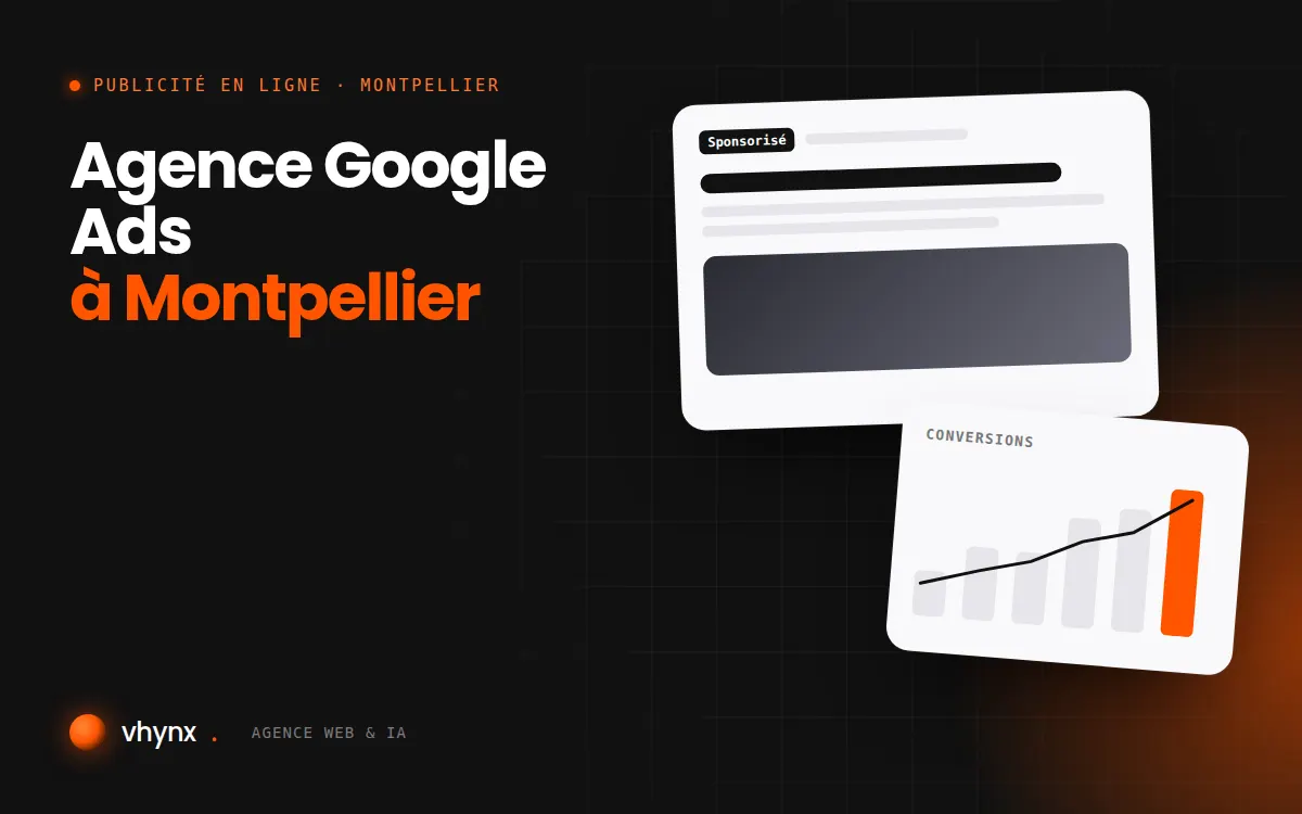 Agence Google Ads à Montpellier : illustration Vhynx d'une annonce sponsorisée et d'un graphique de conversions